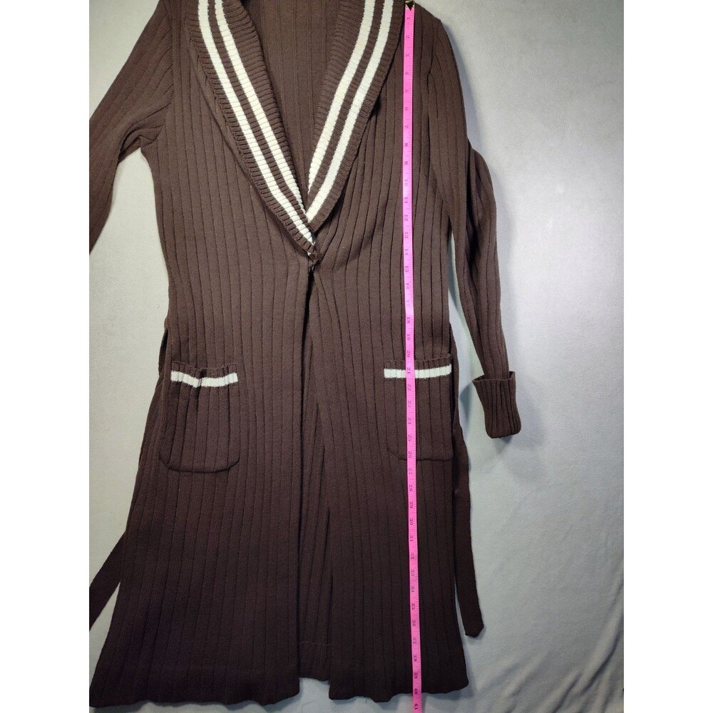 Vintage 1970s Knit Duster Skirt Cardigan Sweater Belted Varsity Collegiate Set - Picture 14 of 16